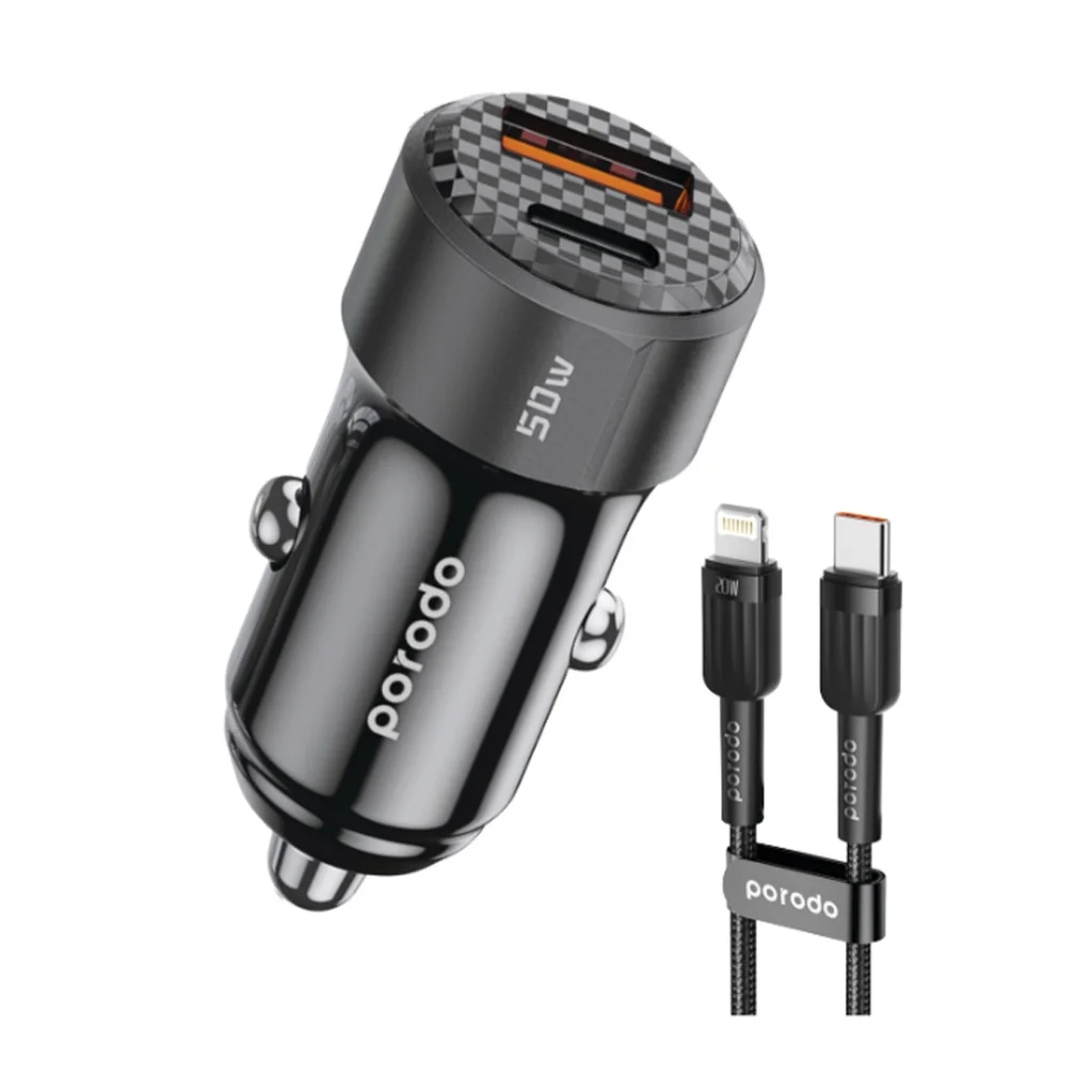 PORODO 50W DUAL PORT CAR CHARGER USB-C TO LIGHTING CABLE - Image 1