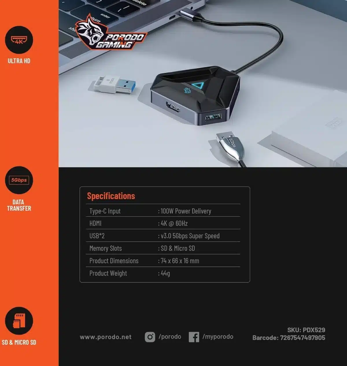 Porodo Gaming 6 IN 1 4k Hdmi Usb - C Hub - Image 2