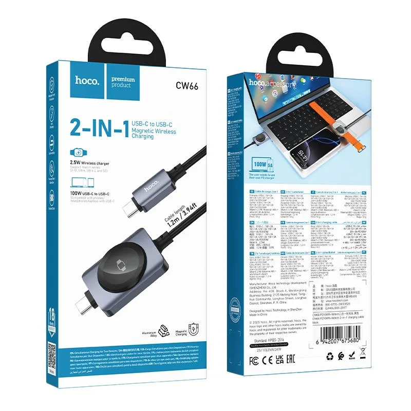 Hoco CW66 is a 2-in-1 charging cable featuring a USB Type-C connector and a built-in magnetic wireless charging module for the Apple Watch - Image 4