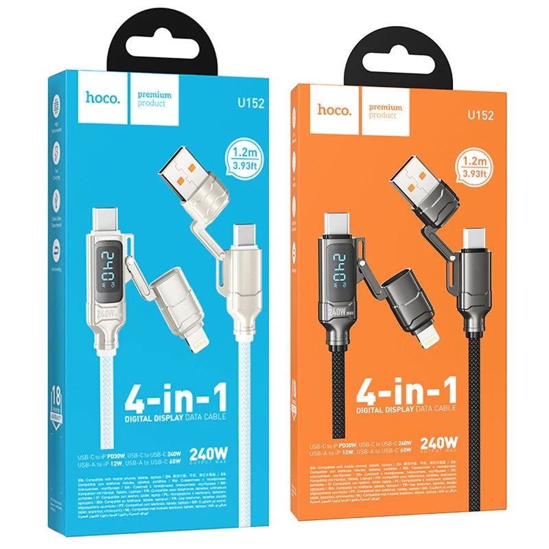 Hoco U152 is a versatile 4-in-1 fast 240 w -charging and data cable featuring a built-in LED digital display that shows real-time charging wattage - Image 6