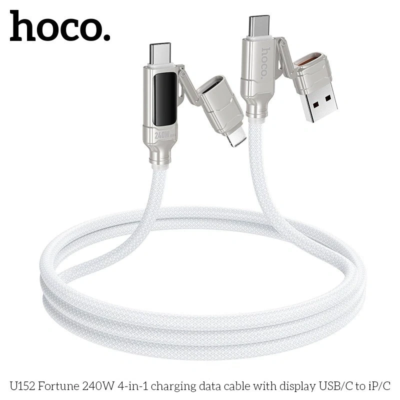 Hoco U152 is a versatile 4-in-1 fast 240 w -charging and data cable featuring a built-in LED digital display that shows real-time charging wattage - Image 5