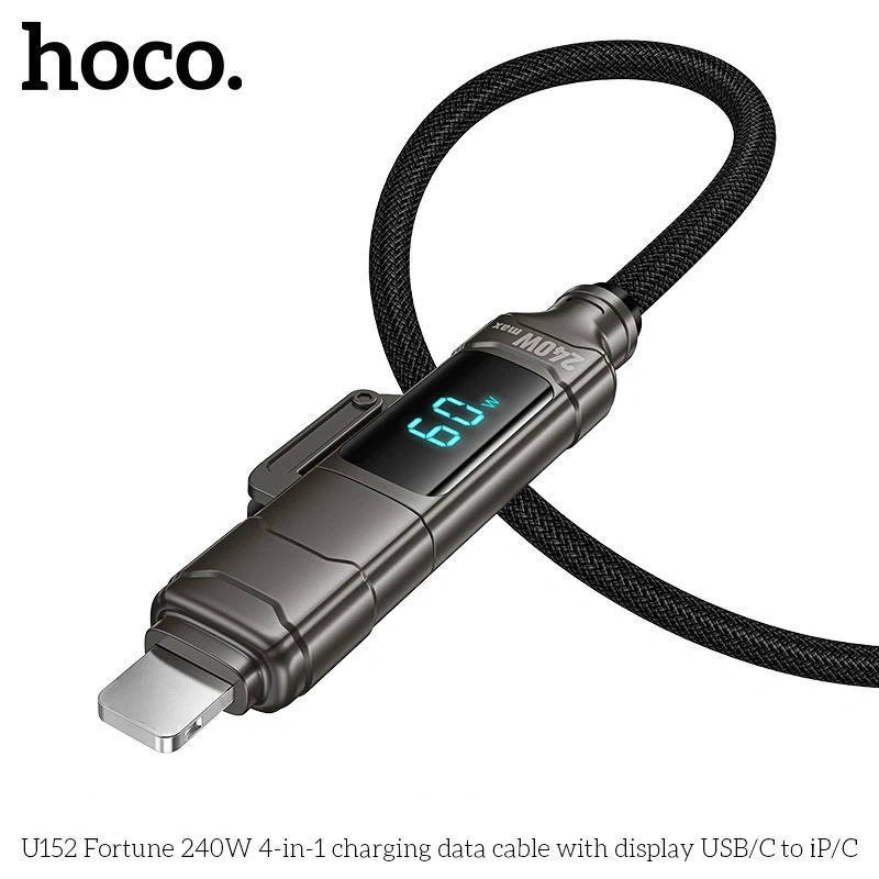 Hoco U152 is a versatile 4-in-1 fast 240 w -charging and data cable featuring a built-in LED digital display that shows real-time charging wattage - Image 4
