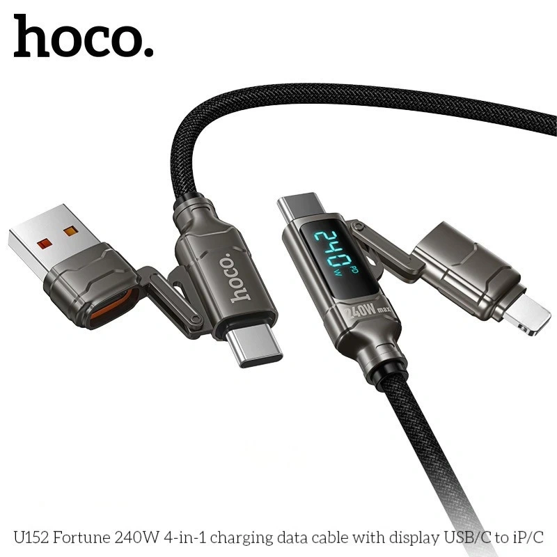 Hoco U152 is a versatile 4-in-1 fast 240 w -charging and data cable featuring a built-in LED digital display that shows real-time charging wattage - Image 3
