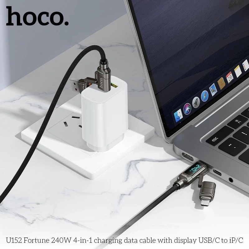 Hoco U152 is a versatile 4-in-1 fast 240 w -charging and data cable featuring a built-in LED digital display that shows real-time charging wattage - Image 2