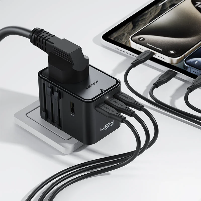 The ACEFAST Charging Adapter Z8 - Travel Plug Adapter - is a 2500W universal AC socket and 45W - GaN fast charger featuring five USB ports (3x USB-C and 2x USB-A) and interchangeable EU, US, UK, and AU plugs for global use - Image 2