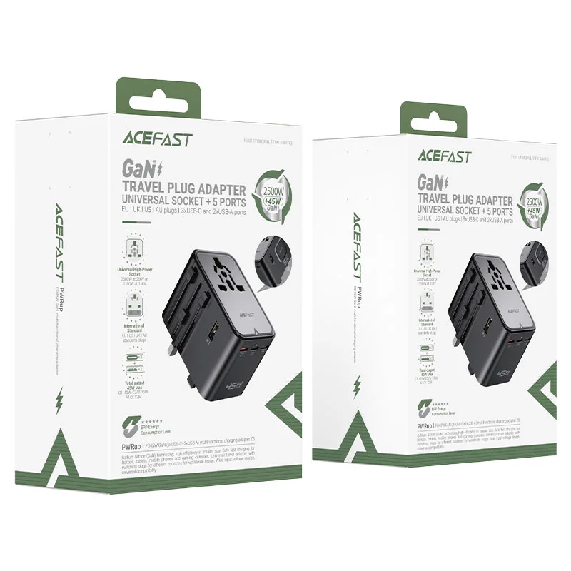 The ACEFAST Charging Adapter Z8 - Travel Plug Adapter - is a 2500W universal AC socket and 45W - GaN fast charger featuring five USB ports (3x USB-C and 2x USB-A) and interchangeable EU, US, UK, and AU plugs for global use - Image 3