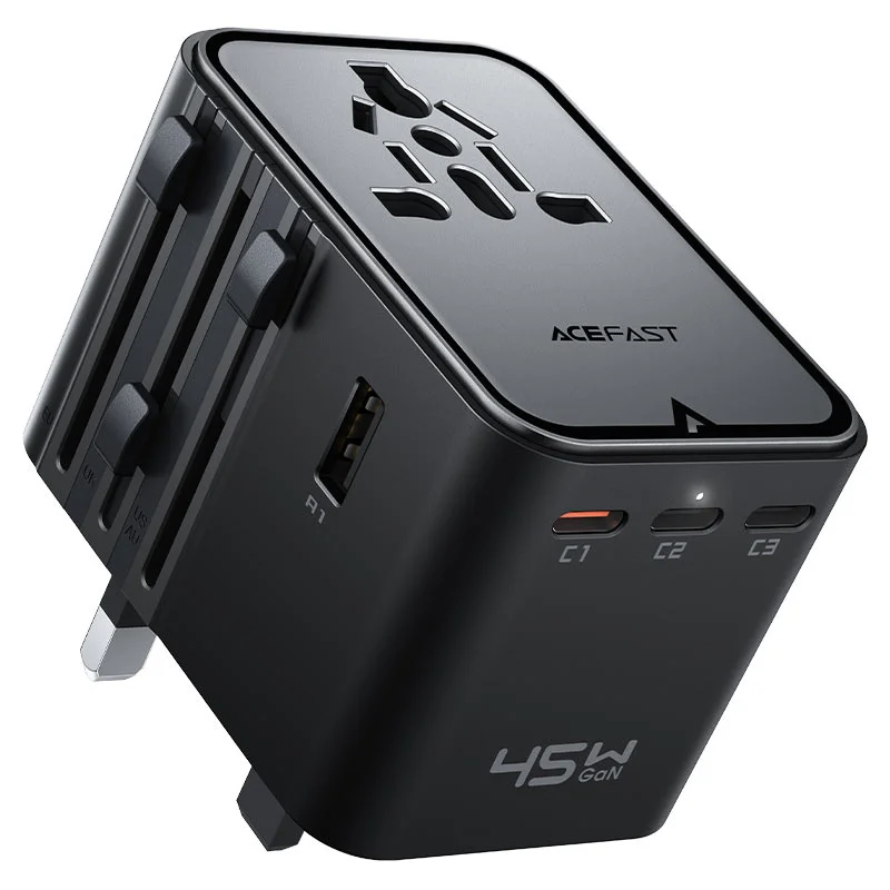 The ACEFAST Charging Adapter Z8 - Travel Plug Adapter - is a 2500W universal AC socket and 45W - GaN fast charger featuring five USB ports (3x USB-C and 2x USB-A) and interchangeable EU, US, UK, and AU plugs for global use - Image 1