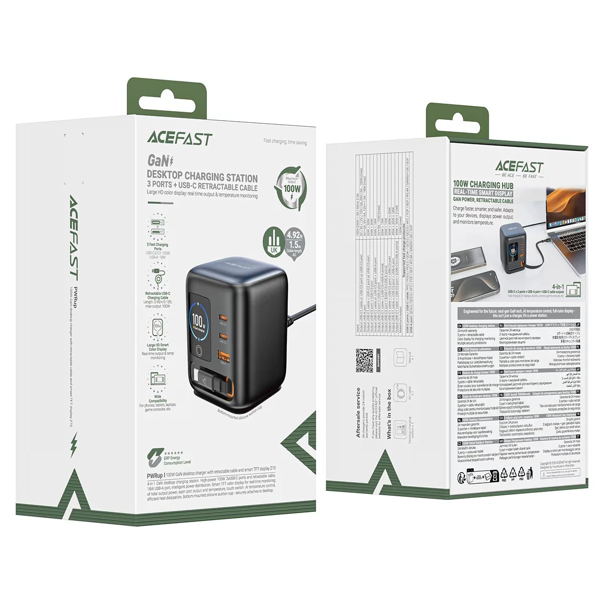 The Acefast Z10 is a 100W - GaN desktop power station featuring a smart color display and four fast-charging outputs, including multiple USB-C and USB-A ports alongside a built-in retractable flexible cable - Image 2