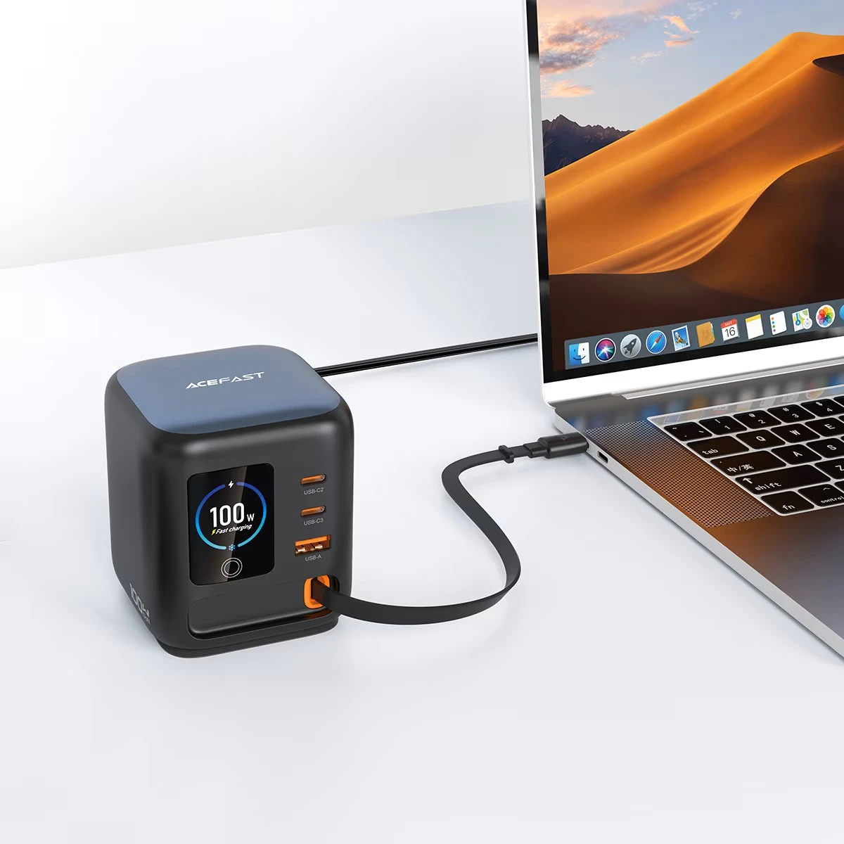 The Acefast Z10 is a 100W - GaN desktop power station featuring a smart color display and four fast-charging outputs, including multiple USB-C and USB-A ports alongside a built-in retractable flexible cable - Image 3