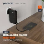 Porodo 10000mAh Wall Charger Power Bank Type-C USB A Ports, Integrated Type-C & Lightning Head Cables, UK plug, PD 20W, 22.5W Fast Charge, Simultaneous Charging, Lightweight - Black
